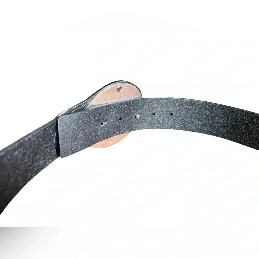 Chico’s black leather belt large round silver ornate coin style buckle